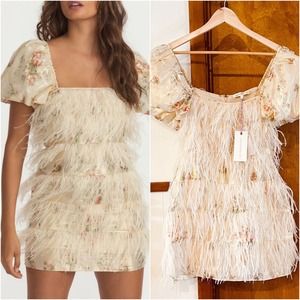LOVE SHACK FANCY | Beryl Mini Dress Golden Fog Cream Puff Sleeve Feathered Sz 6